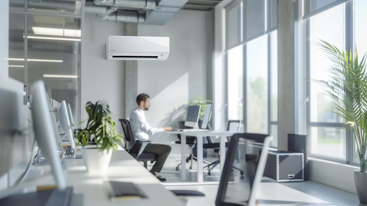 a sleek, modern office environment showcases an hvac technician performing a thorough inspection on an advanced heating and cooling system, highlighting the importance of preventative maintenance in ensuring optimal indoor air quality and system performance.